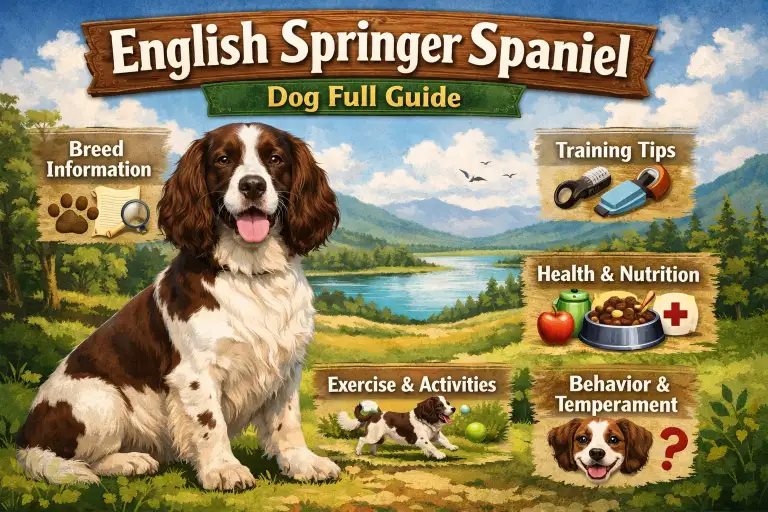 English Springer Spaniel with a black and white coat standing in a field, showing long ears, feathered legs, and friendly expression
