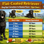 Flat-Coated Retriever standing outdoors with age chart overlay showing dog years to human years