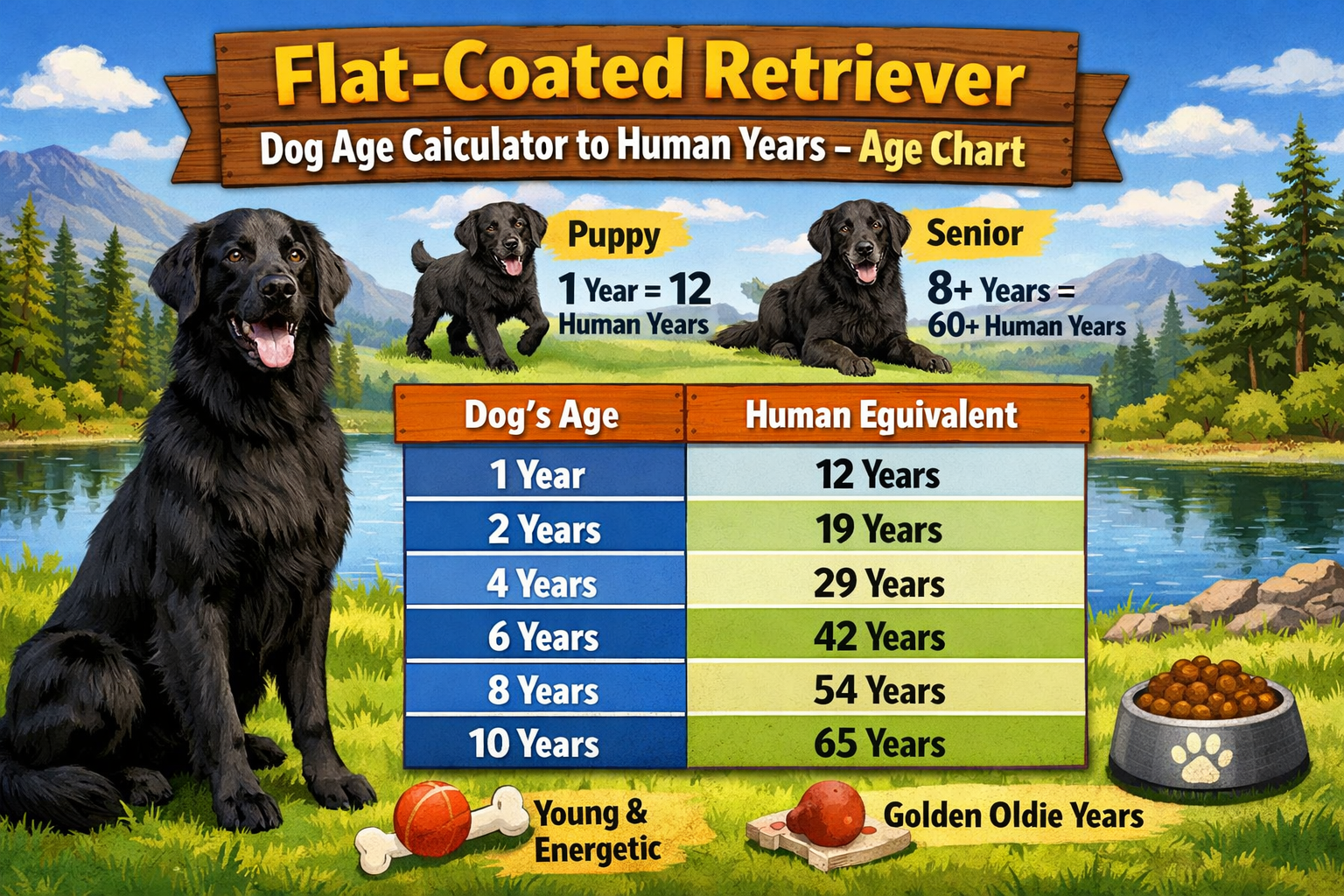 Flat-Coated Retriever standing outdoors with age chart overlay showing dog years to human years