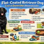 Adult Flat-Coated Retriever standing in a yard, showing shiny black coat and friendly, playful expression