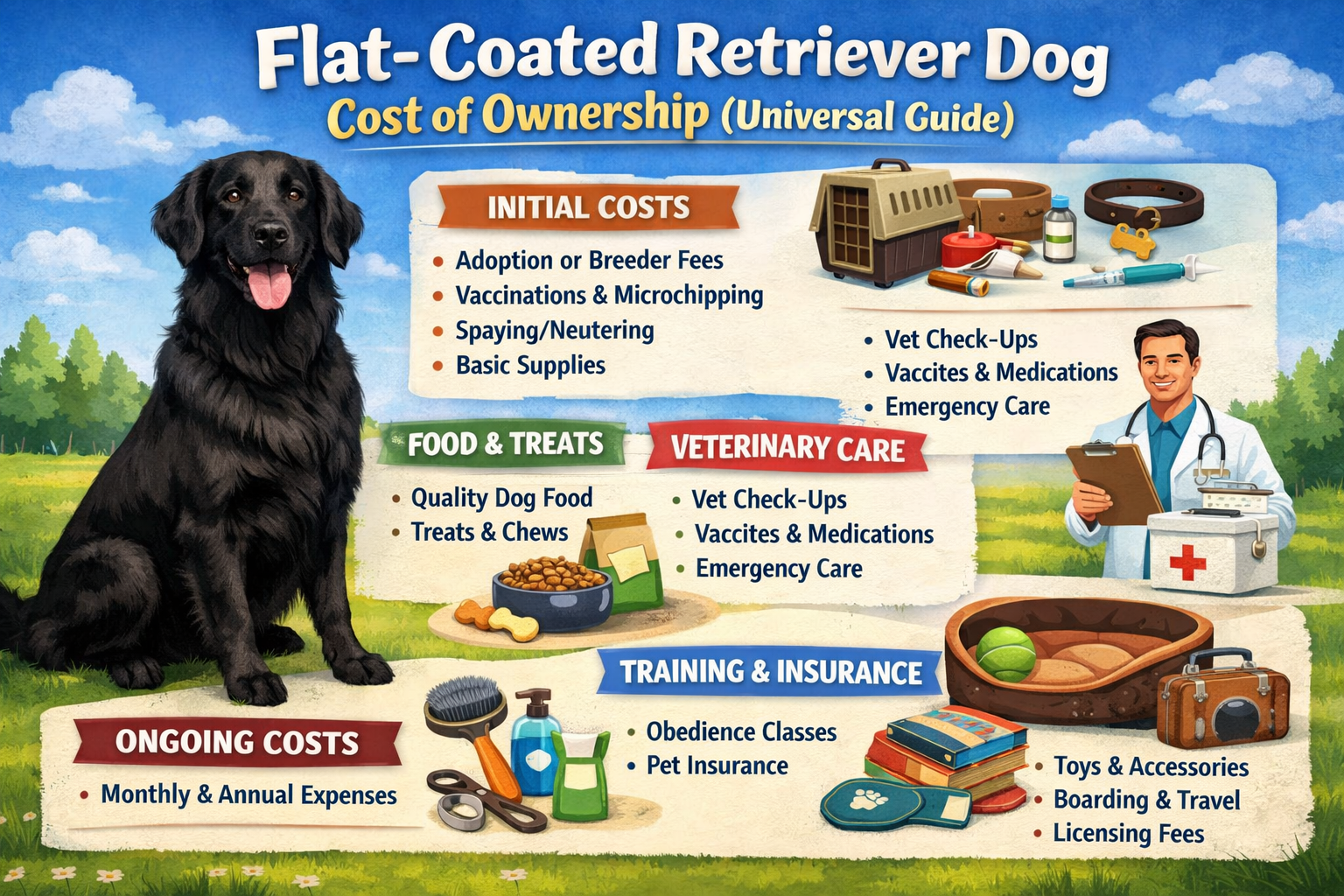 Adult Flat-Coated Retriever standing in a yard, showing shiny black coat and friendly, playful expression