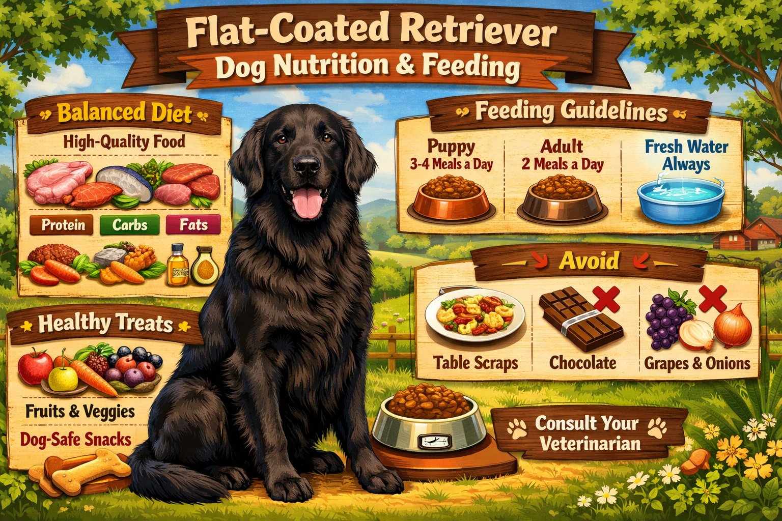 Flat-Coated Retriever eating from a bowl, illustrating proper nutrition and feeding