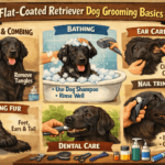 Adult Flat-Coated Retriever being brushed to maintain a shiny, healthy coat
