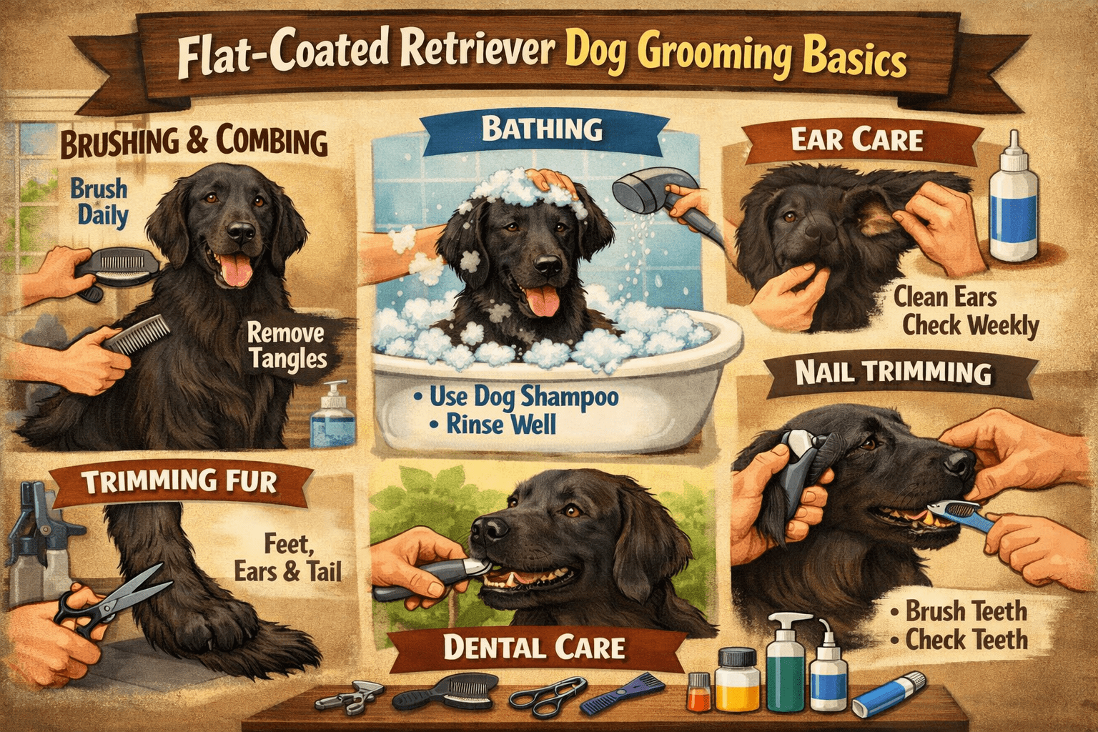 Adult Flat-Coated Retriever being brushed to maintain a shiny, healthy coat