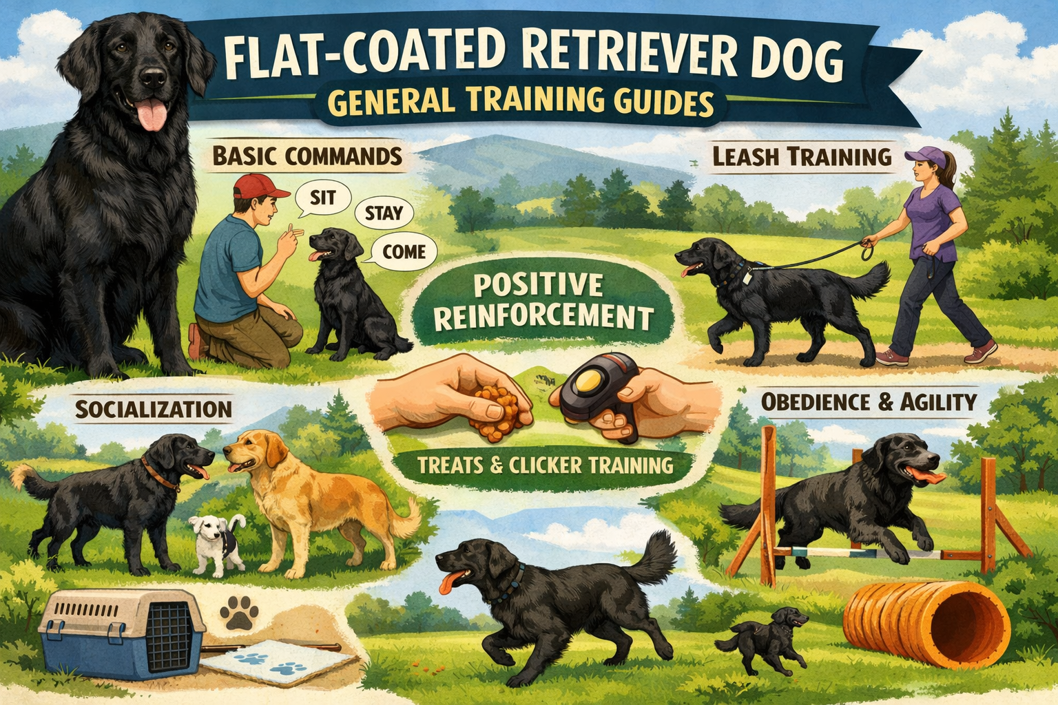 Adult Flat-Coated Retriever practicing obedience and focus during a training session