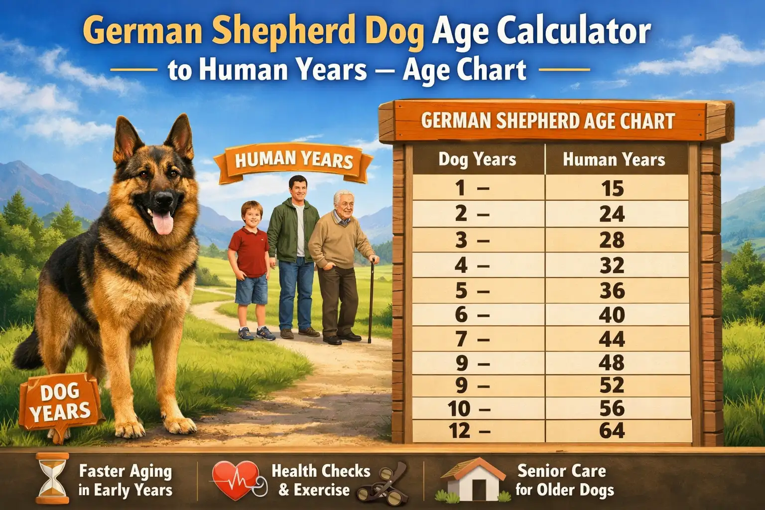 "German Shepherd age calculator chart comparing dog years to human years, showing conversion for puppy, adult, and senior life stages."