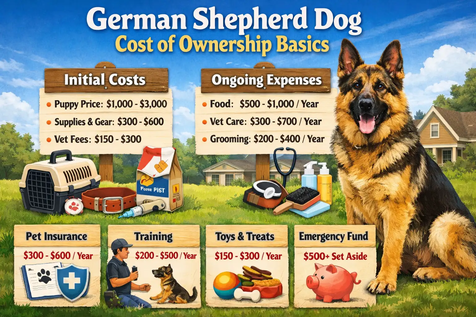 German Shepherd dog sitting in a green field, with a focus on their large size, healthy coat, and loyal expression, representing the true cost of owning a German Shepherd.