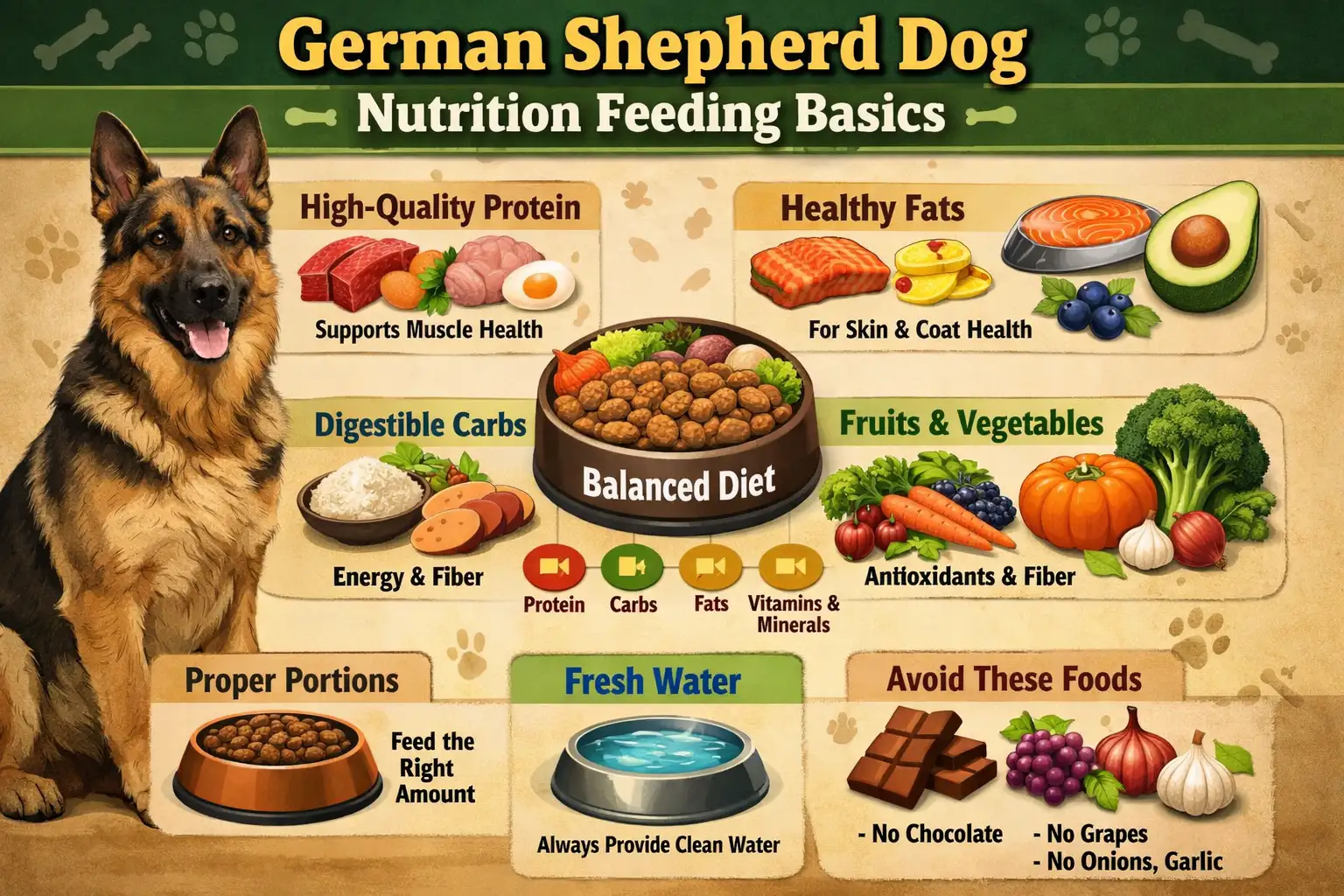 German Shepherd dog eating a balanced meal from a bowl, with healthy nutrition for strong muscles and energy.