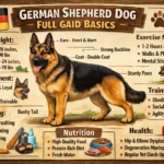German Shepherd dog standing outdoors, representing breed care, training, lifespan, size, and age information