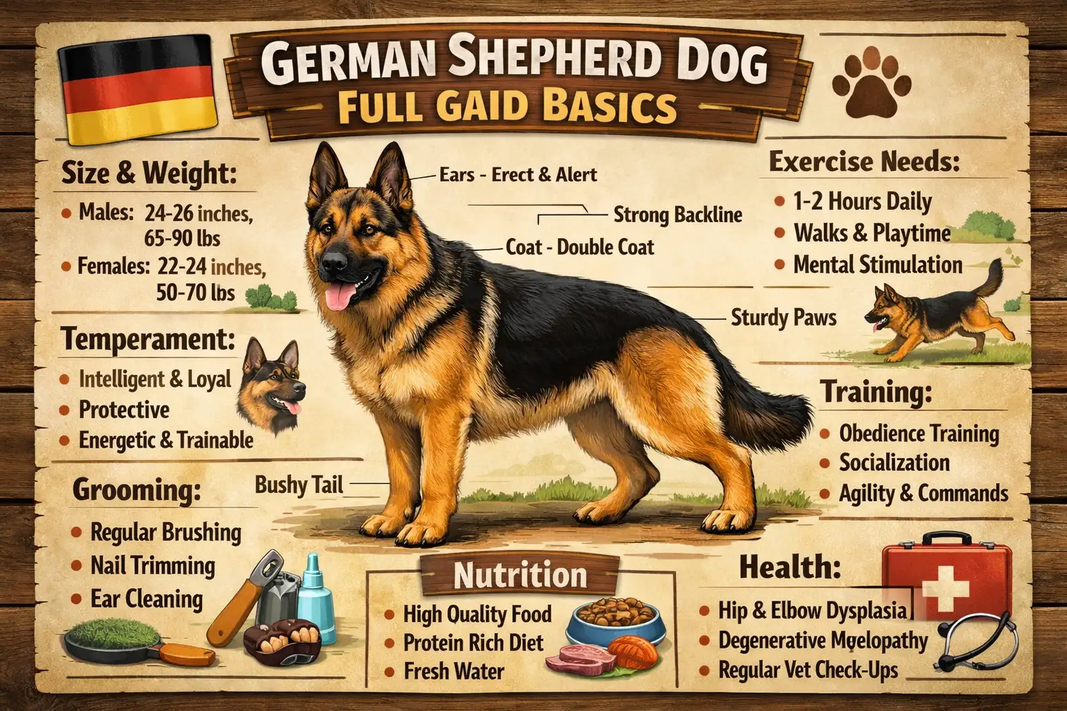 German Shepherd dog standing outdoors, representing breed care, training, lifespan, size, and age information