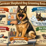 German Shepherd dog being groomed with an undercoat rake, showing a double coat and shedding.