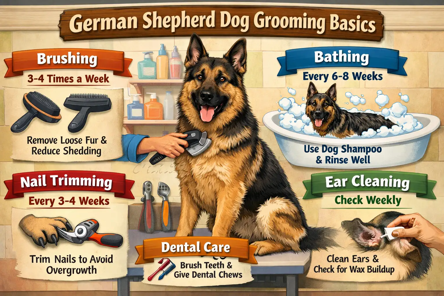 German Shepherd dog being groomed with an undercoat rake, showing a double coat and shedding.