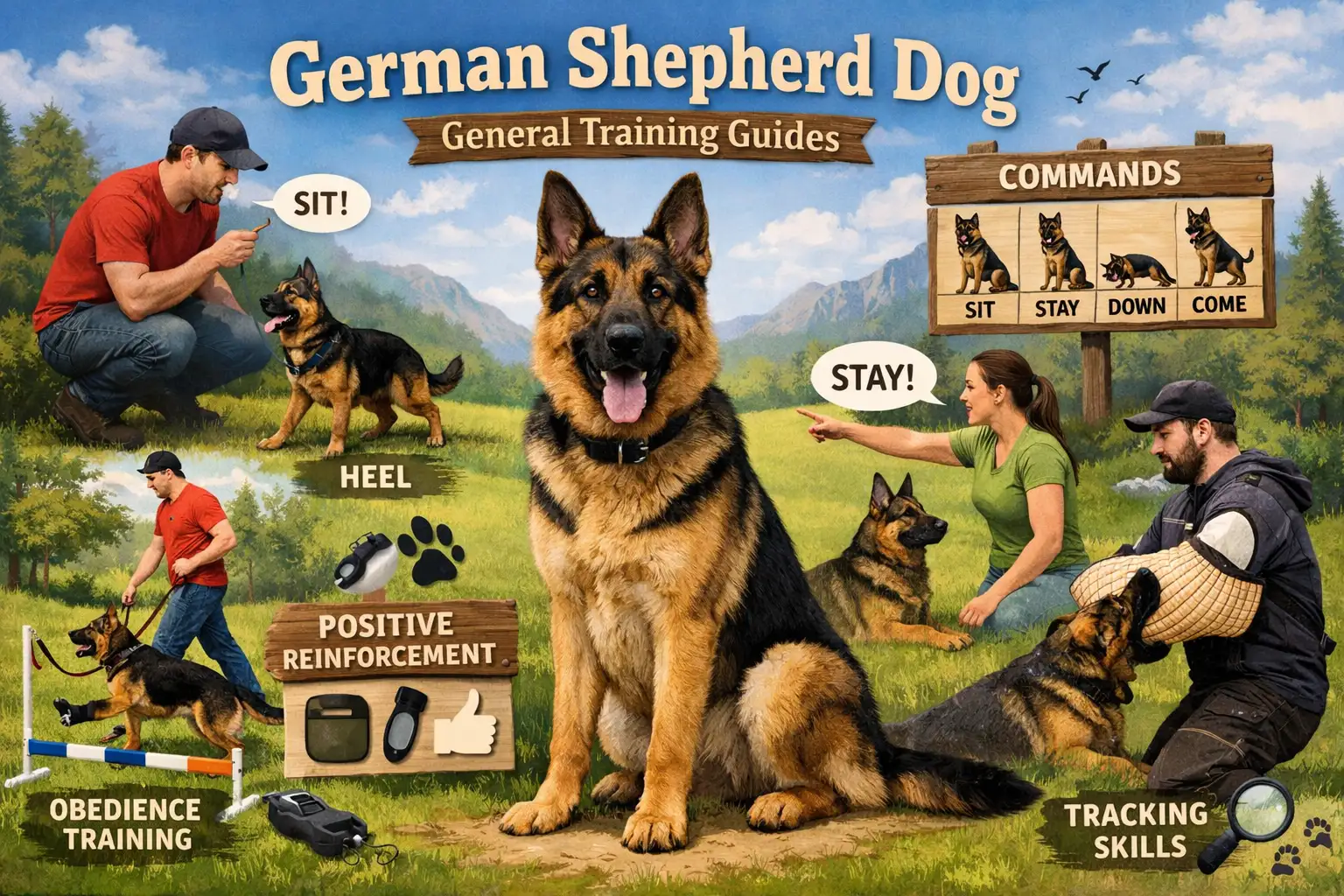 A German Shepherd dog sitting on command during training, showing their intelligent and eager-to-learn temperament.