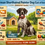 German Shorthaired Pointer dog with exercise and care equipment, reflecting active-breed ownership expenses