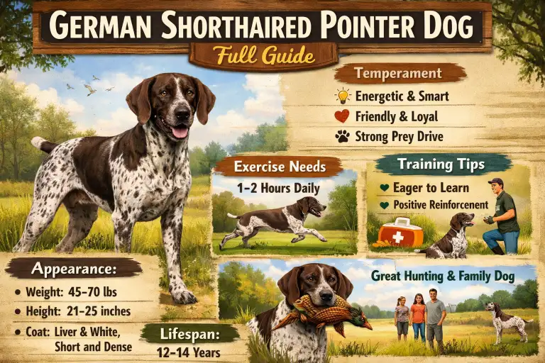 Adult German Shorthaired Pointer dog with liver and white coat, standing outdoors with athletic hunting-dog posture