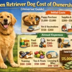 A Golden Retriever dog with a lush coat, sitting outdoors. The image represents the costs and responsibilities of owning a Golden Retriever, from food to healthcare.