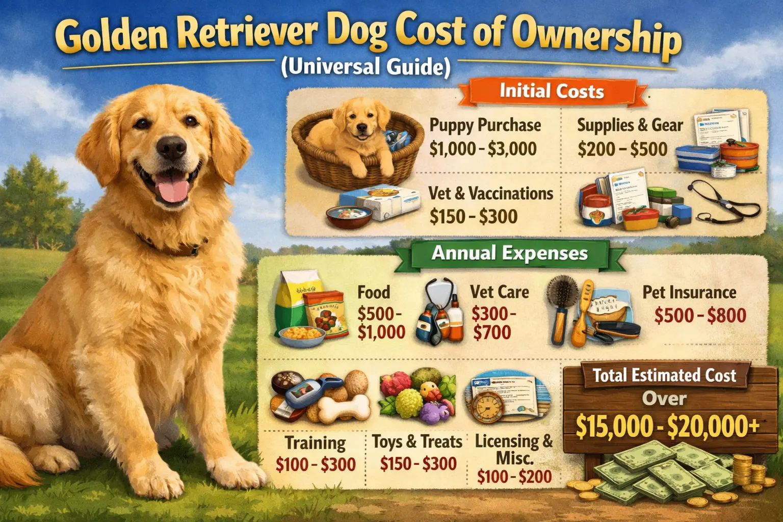 A Golden Retriever dog with a lush coat, sitting outdoors. The image represents the costs and responsibilities of owning a Golden Retriever, from food to healthcare.