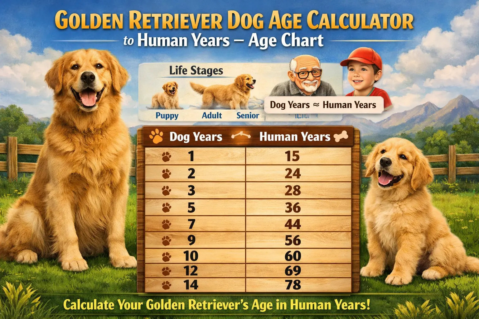 Golden Retriever age to human years conversion chart showing dog years and human years equivalency for different life stages.