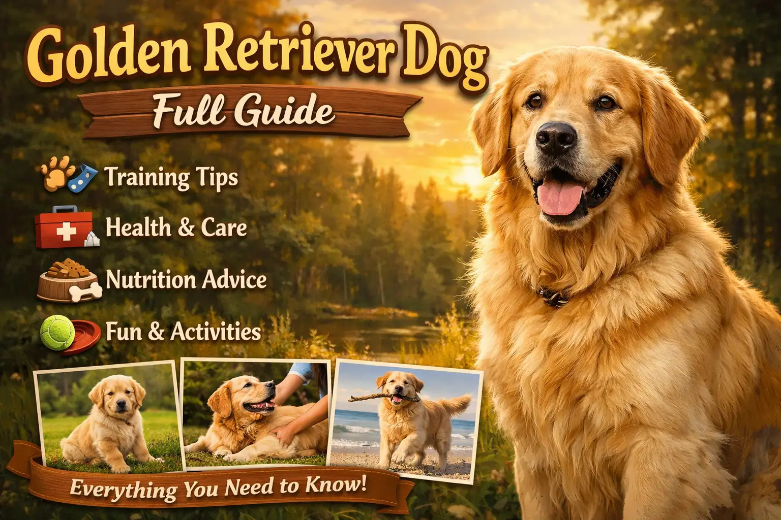 A friendly and loyal Golden Retriever dog with a thick golden coat, enjoying outdoor playtime with its owner in a park.