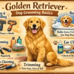 Golden Retriever being brushed as part of a regular grooming routine, showcasing the breed’s thick double coat.