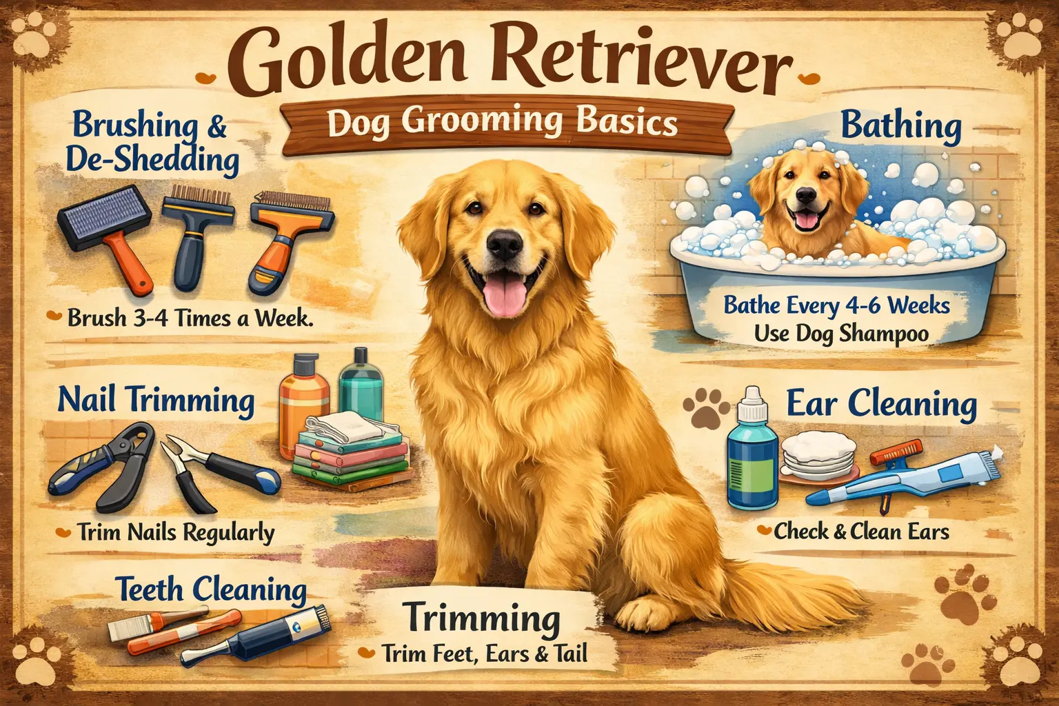 Golden Retriever being brushed as part of a regular grooming routine, showcasing the breed’s thick double coat.