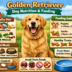A healthy Golden Retriever eating nutritious dog food, representing the importance of a balanced diet for this breed.