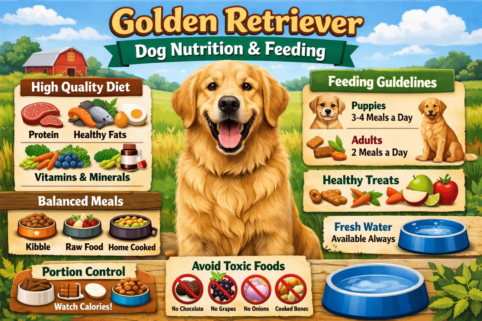 A healthy Golden Retriever eating nutritious dog food, representing the importance of a balanced diet for this breed.