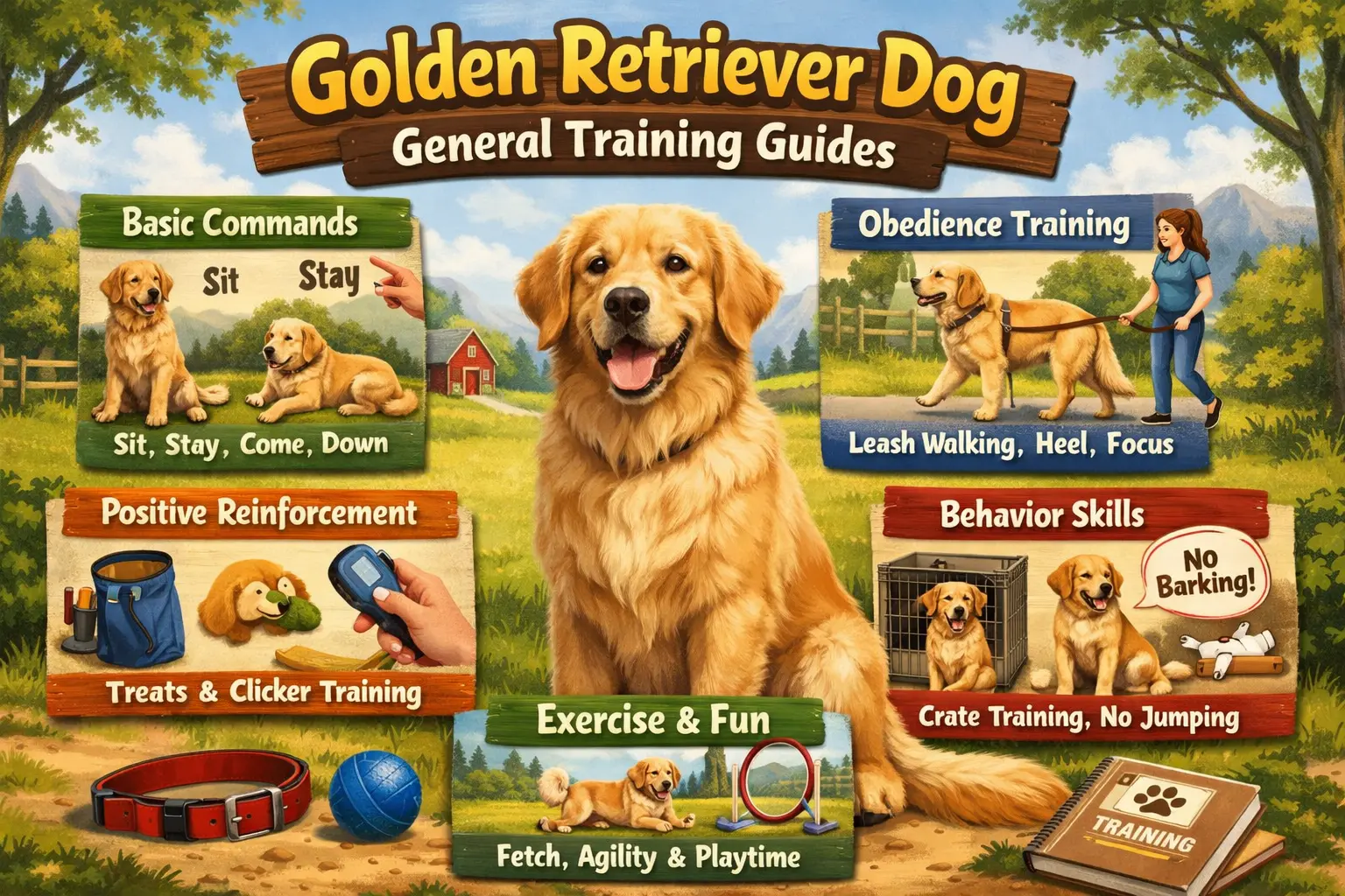 Golden Retriever puppy learning basic commands like sit and stay, with a focus on obedience training.