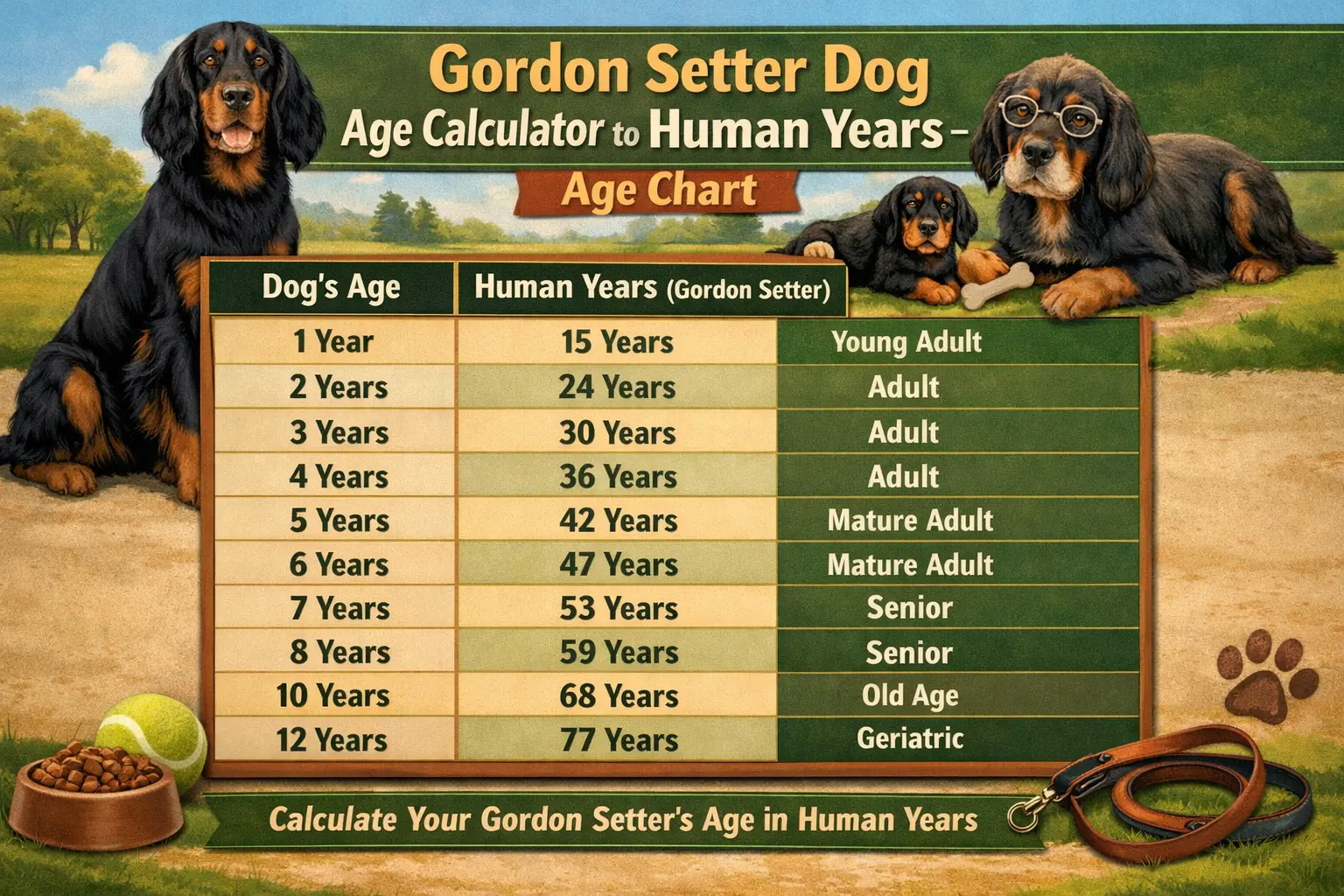 Gordon Setter dog age calculator chart showing human year equivalents for different dog ages. Includes puppy to senior stage