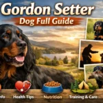 Adult Gordon Setter dog standing in a grassy field, showing black and tan coat and feathered legs
