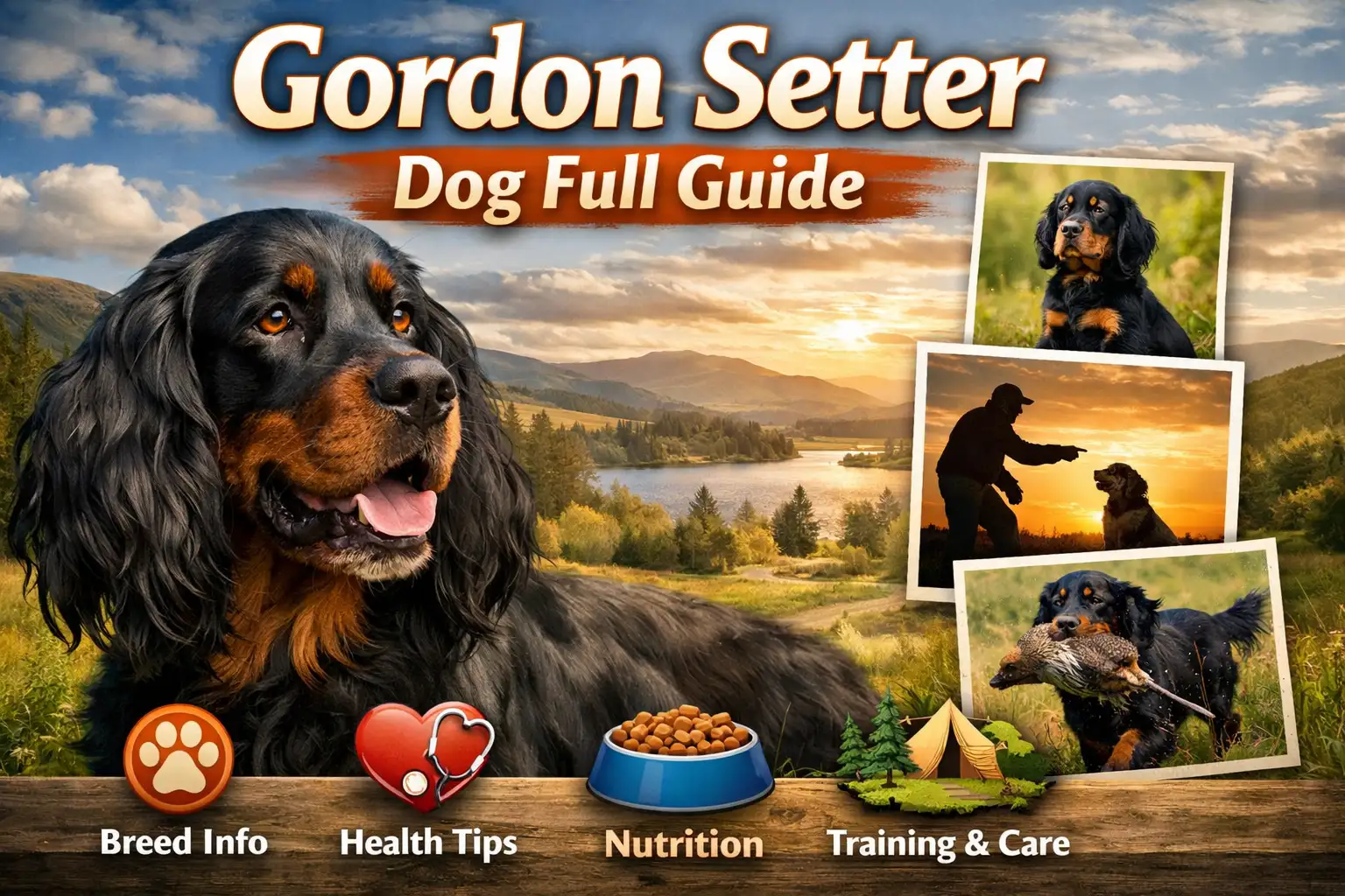 Adult Gordon Setter dog standing in a grassy field, showing black and tan coat and feathered legs