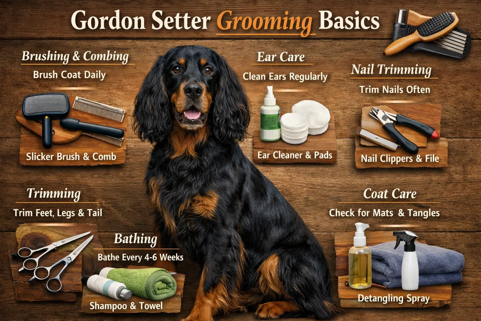 Gordon Setter dog being groomed, showcasing long, silky coat with feathering on legs, chest, and tail.