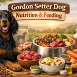 A Gordon Setter dog with a shiny black and tan coat, standing outdoors, representing optimal health and nutrition.