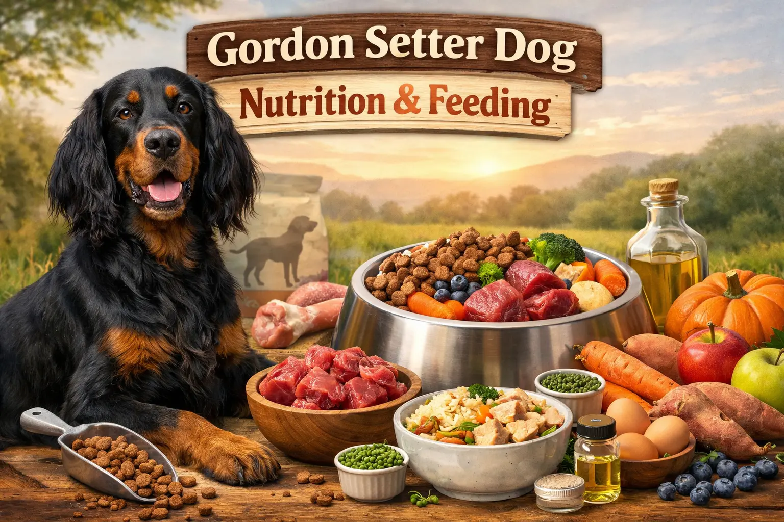 A Gordon Setter dog with a shiny black and tan coat, standing outdoors, representing optimal health and nutrition.