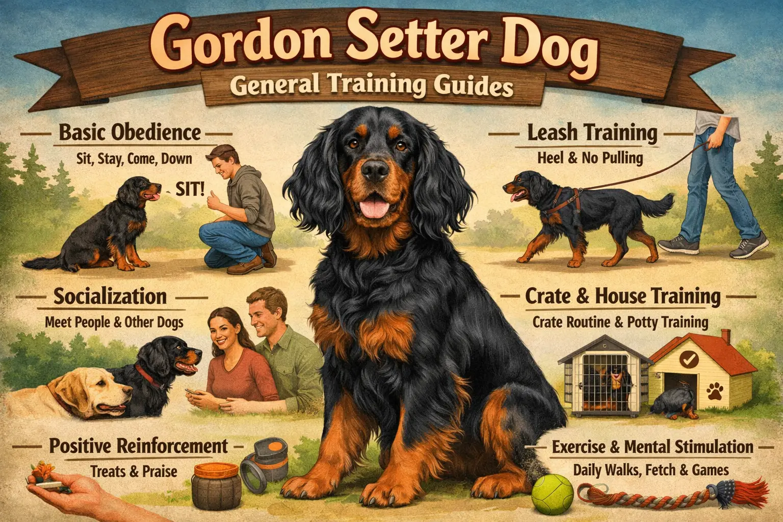 Adult Gordon Setter practicing obedience training outdoors