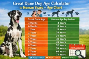 Great Dane puppy and adult dog together to demonstrate dramatic growth, height differences, and life-stage changes used in a Great Dane age-to-human-years chart.