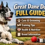 Very tall Great Dane dog standing beside an adult person, highlighting the breed’s towering height, lean frame, short coat, and gentle expression in common black and fawn colors.
