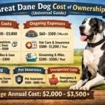 Great Dane dog resting indoors with family members, representing long-term costs such as food, veterinary care, training, and space requirements for giant breeds.