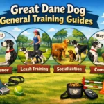 Great Dane dog calmly responding to training cues, showing the breed’s friendly temperament, large size, and cooperative behavior in an open environment.