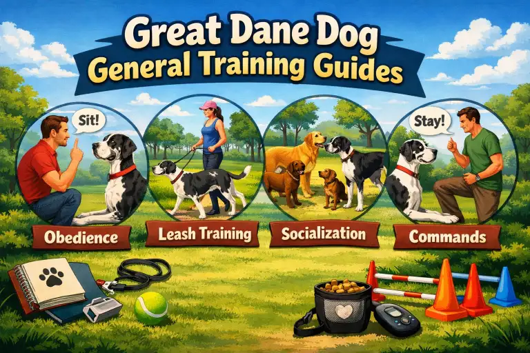 Great Dane dog calmly responding to training cues, showing the breed’s friendly temperament, large size, and cooperative behavior in an open environment.