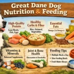 Great Dane dog eating from a raised bowl, illustrating appropriate feeding posture, portion control, and nutritional support for a giant-breed dog.