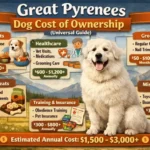 Great Pyrenees with cost icons showing food, vet, and grooming