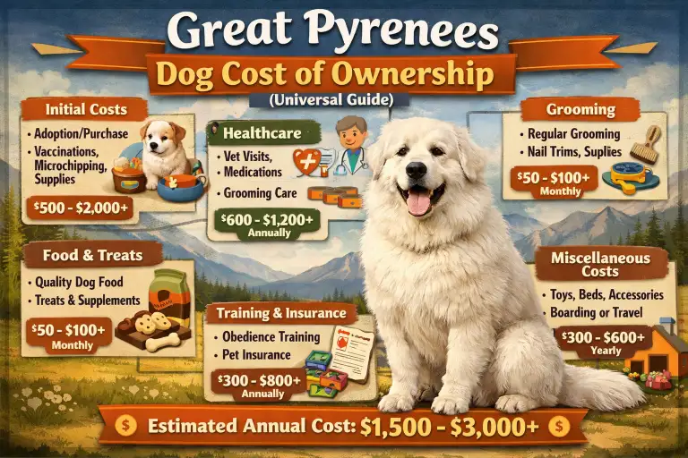 Great Pyrenees with cost icons showing food, vet, and grooming