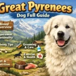 : Great Pyrenees dog standing in a field showing thick white coat
