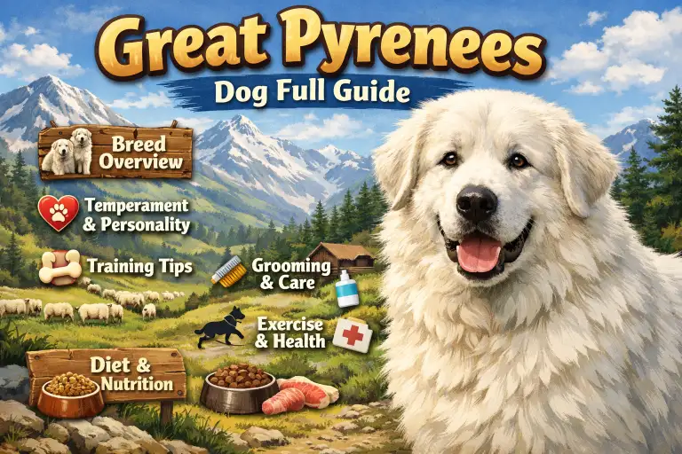 : Great Pyrenees dog standing in a field showing thick white coat