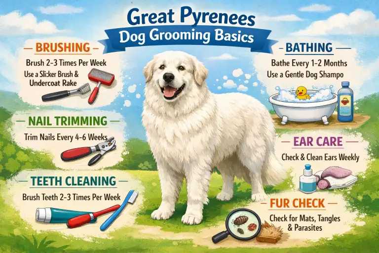 Great Pyrenees being groomed showing thick double coat