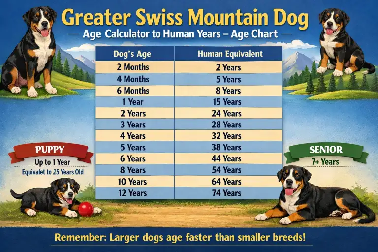 Greater Swiss Mountain Dog age comparison chart by life stage