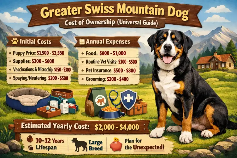 Greater Swiss Mountain Dog with icons showing yearly ownership costs