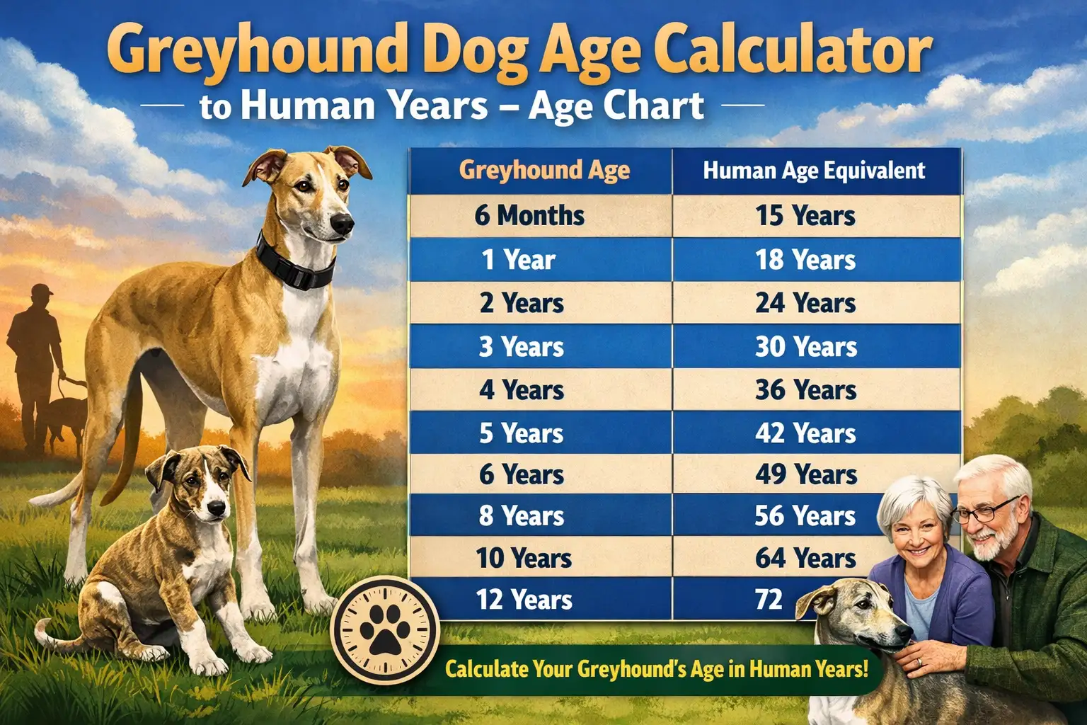 Greyhound standing outdoors showing body shape and size used for Greyhound age calculator to human years
