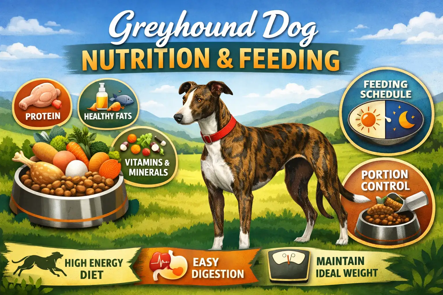 Adult Greyhound standing alert, showing lean muscle and healthy coat